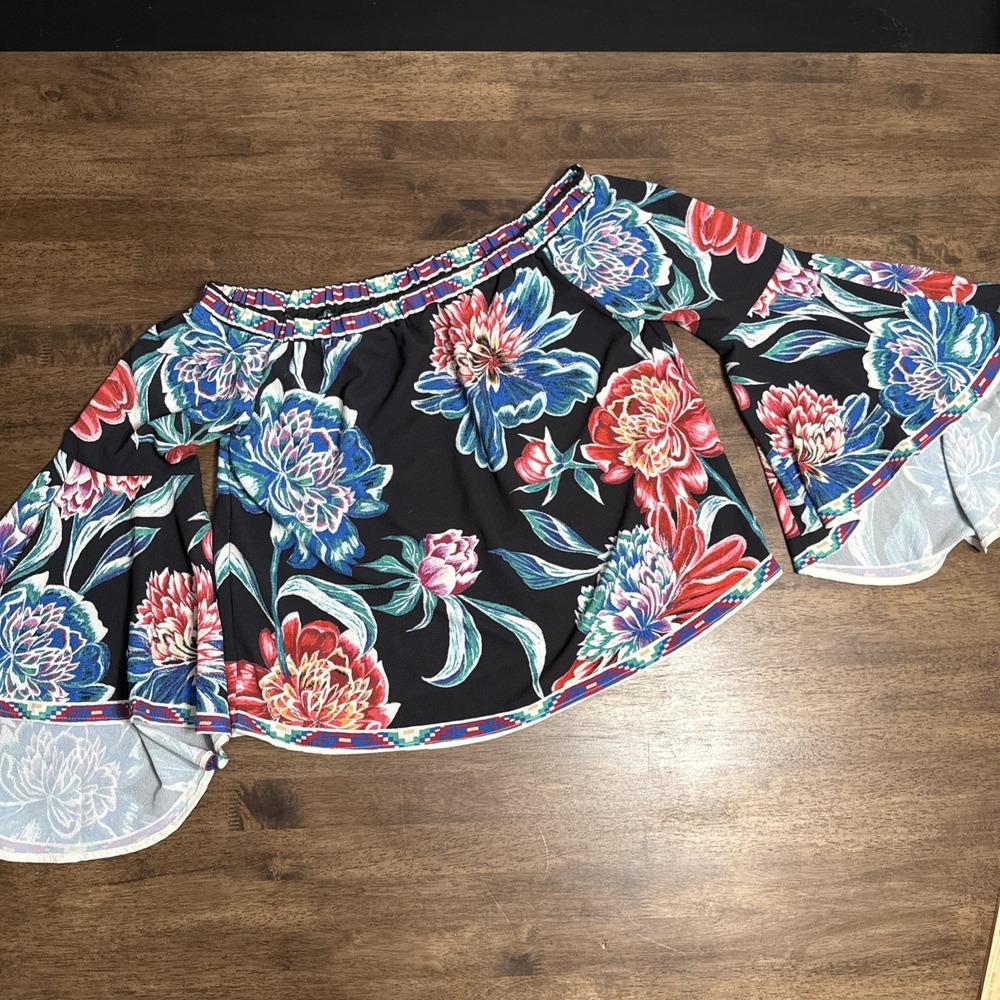 Flying Tomato Bell Sleeves Cropped Top‎ Women Boho Cottagecore Festival Floral L